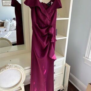 Xscape Plum Ruffled Bow-Accent Maxi Dress